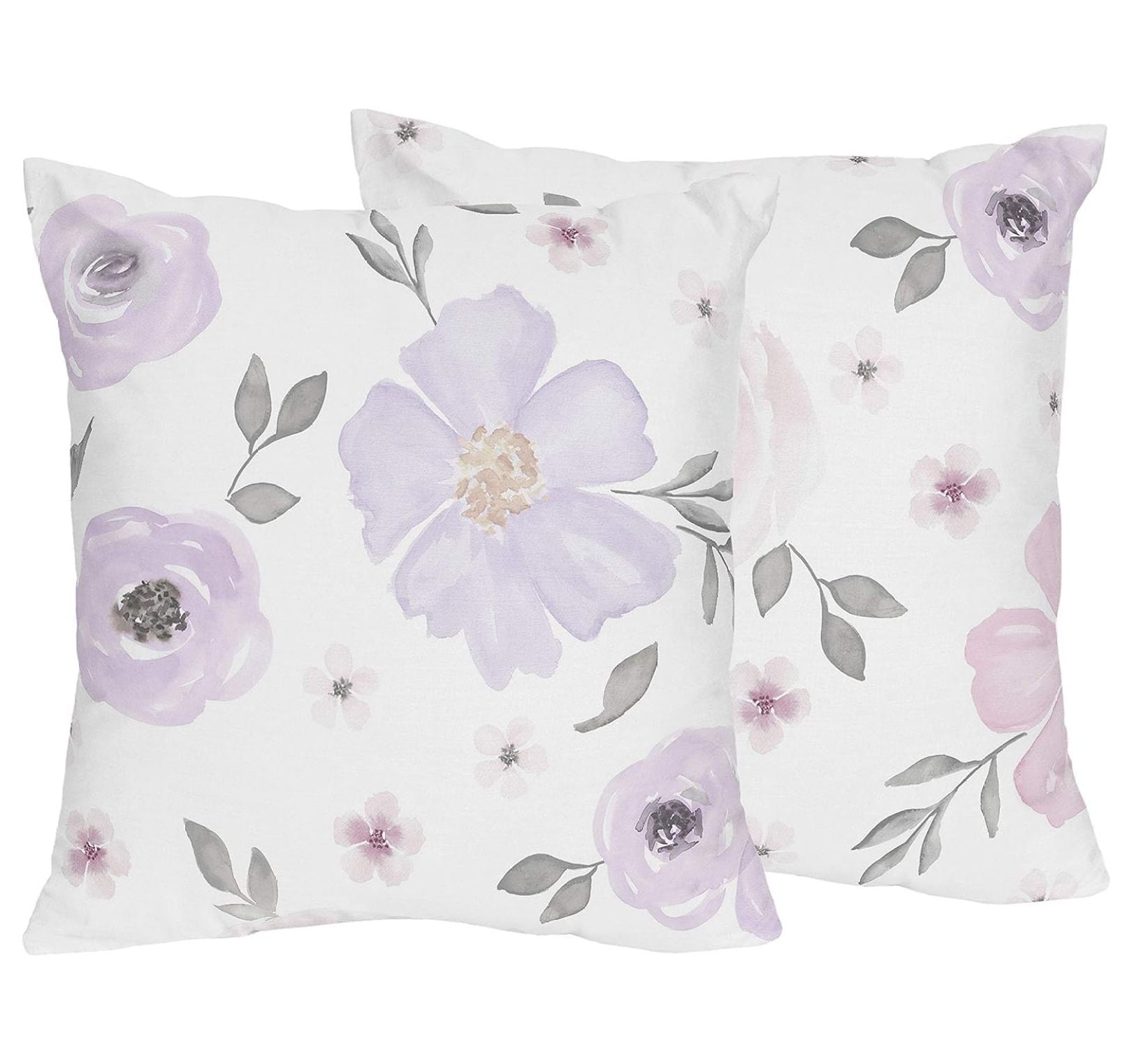 Lavender and Grey Watercolor Floral Square Pillow Set