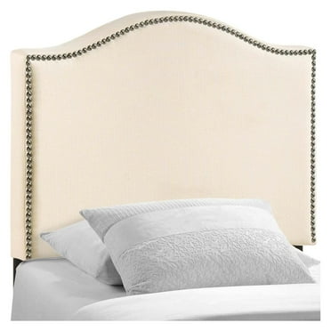 Exlonjet Linen Fabric Upholstered Headboard with Nailhead Trim and Curved Shape in Ivory