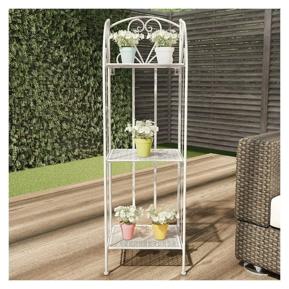 Exlonjet Plant Stand ? 3-Tier Vertical Shelf Indoor or Outdoor Folding Wrought Iron Home Garden Display with Laser Cut Shelves (Antique White)