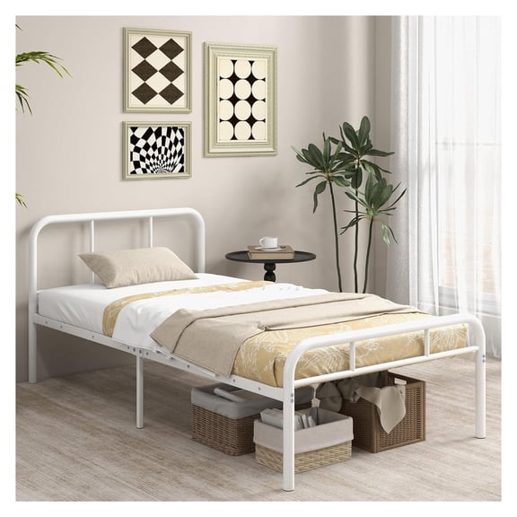 Exlonjet Size Bed Frame, 12 Inch Metal Platform Bed with Headboard & Footboard, Heavy-Duty Mattress Foundation/No Box Spring Needed/Steel Slat Support/Under Bed Storage, Easy Assembly, White