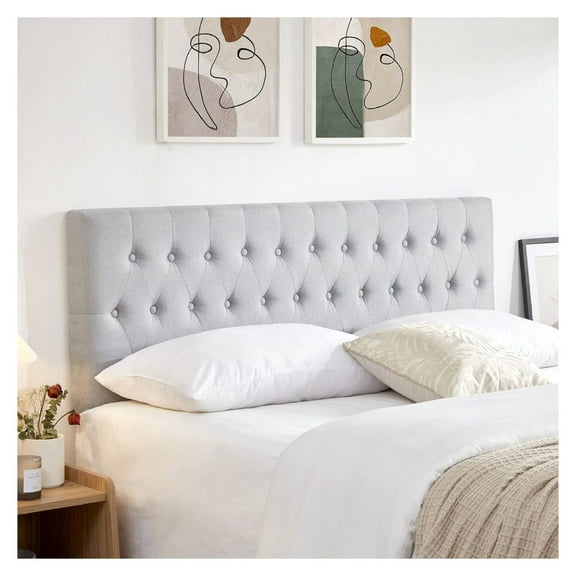 Exlonjet Upholstered Tufted Bed Headboard in Modern Button Design, Adjustable Solid Wood Head Board, Premium Linen Fabric Padded Headboards in Bedroom, Grey