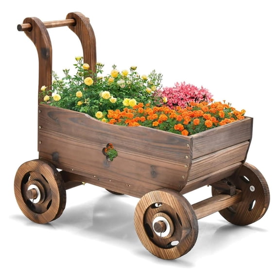 Exlonjet Wagon Flower Planter Cart, 4-Wheel Wood Garden Wagon Decor with 2 Drainage Holes, Movable Flowerpot Holder Stand, Indoor Outdoor Raised Plant Bed