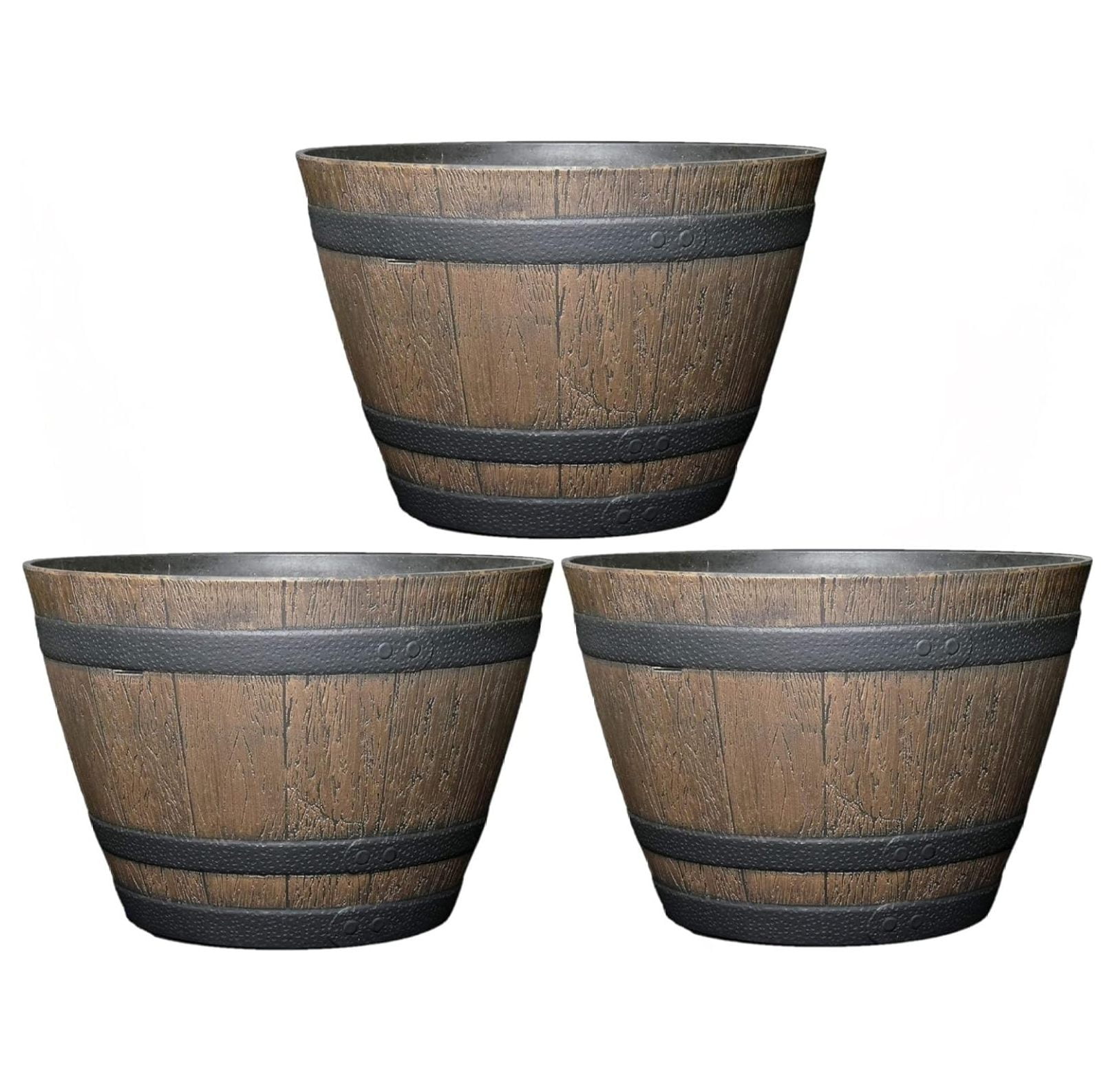 Walnut Brown Resin Whiskey Barrel Planter Set, 15"
