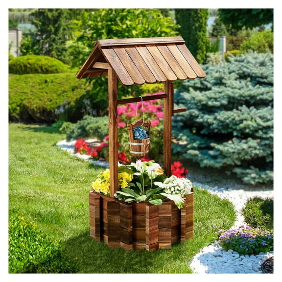 Exlonjet Wooden Wishing Well Planter with Hanging Bucket for Flower and Plants, Planter Indoor and Outdoor, Home Decor for Patio Garden, Brown