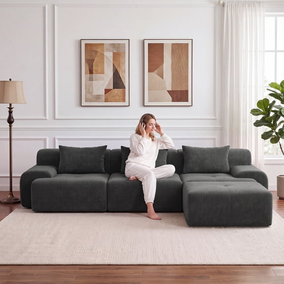 Exnote 108'' Modular Boneless Sofa,Sectional Couch for Living Room, Tufted Oversized L Shape Deep Seat Sectional Sofa with Ottoman & 3 Throw Pillows, Corduroy Cloud Couch, Dark Gray