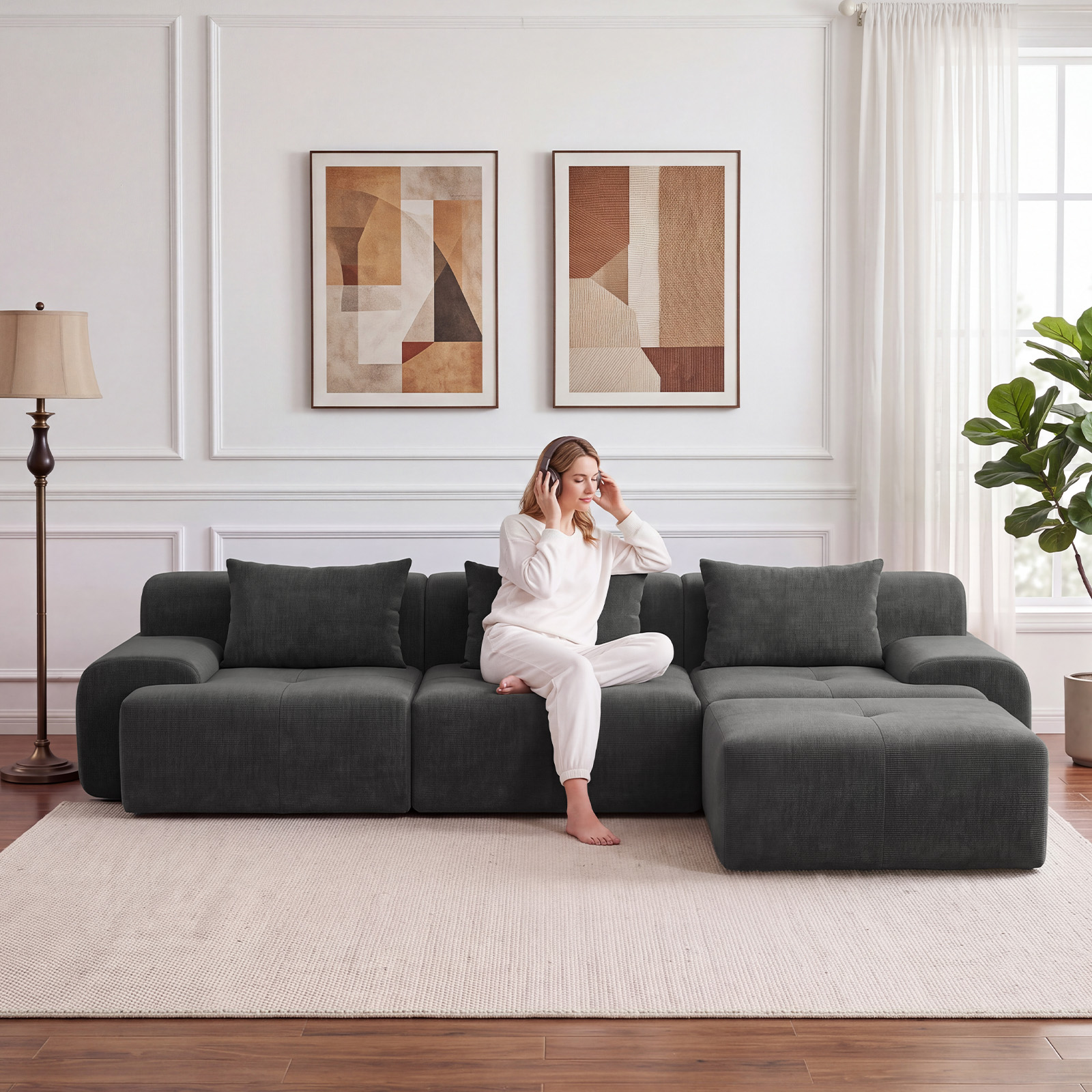 Exnote 108'' Modular Boneless Sofa,Sectional Couch for Living Room, Tufted Oversized L Shape Deep Seat Sectional Sofa with Ottoman & 3 Throw Pillows, Corduroy Cloud Couch, Dark Gray