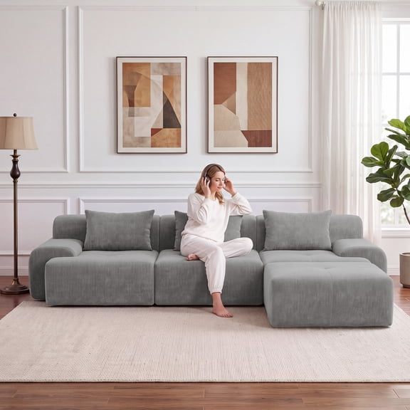 Exnote 108'' Modular Boneless Sofa,Sectional Couch for Living Room, Tufted Oversized L Shape Deep Seat Sectional Sofa with Ottoman & 3 Throw Pillows, Corduroy Cloud Couch, Light Gray