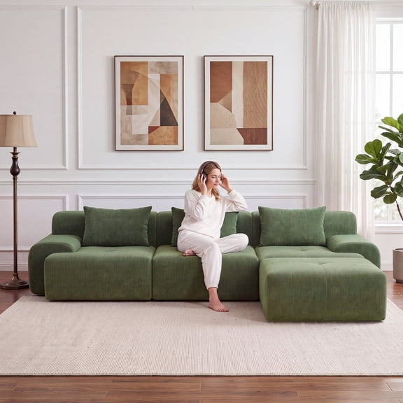 Exnote 108'' Modular Boneless Sofa,Sectional Couch for Living Room, Tufted Oversized L Shape Deep Seat Sectional Sofa with Ottoman & 3 Throw Pillows, Corduroy Cloud Couch, Green