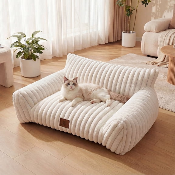 Exnote 36" Corduroy Cat Sofa Bed, Ultra Soft Fluffy Pet Couch with Removable Washable Cover, Modern Supportive Cat Chair for Indoor Cats and Dogs, Beige