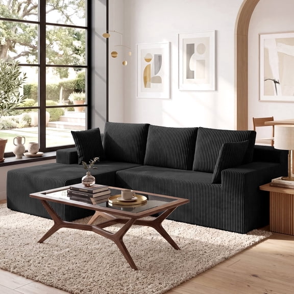 Exnote 96" Modular L-Shaped Sectional Sofa, Corduroy Memory Foam Boneless Couch with Left Facing Chaise, Black