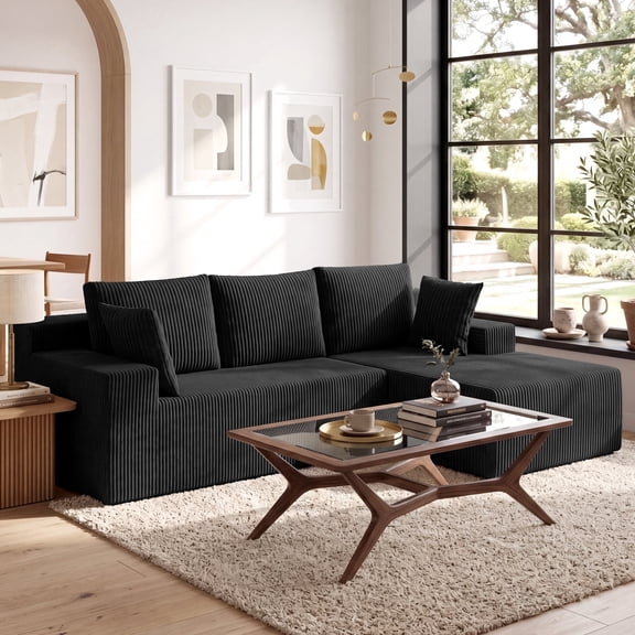 Exnote 96" Modular L-Shaped Sectional Sofa, Corduroy Memory Foam Boneless Couch with Right Facing Chaise, Black