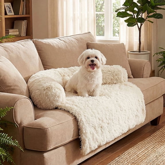 Exnote Calming Dog Bed for Furniture Protector, Shaggy Plush Pet Sofa Cover with Removable Washable Cover, Non-Slip Soft Dog Mat for Small Medium Large Dogs and Cats, Beige