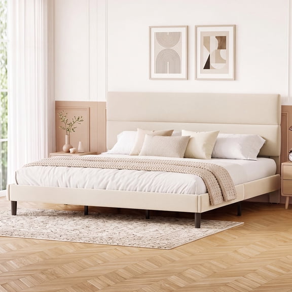 Exnote King Size Upholstered Platform Bed Frame with Adjustable Double-Cushion Headboard, No Box Spring Needed, Heavy Duty Wood Slats Support, Beige