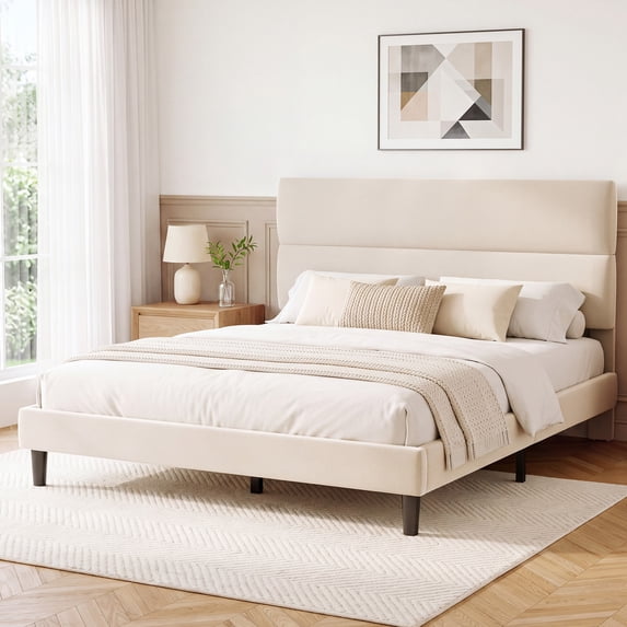 Exnote Queen Size Upholstered Platform Bed Frame with Adjustable Double-Cushion Headboard, No Box Spring Needed, Heavy Duty Wood Slats Support, Beige