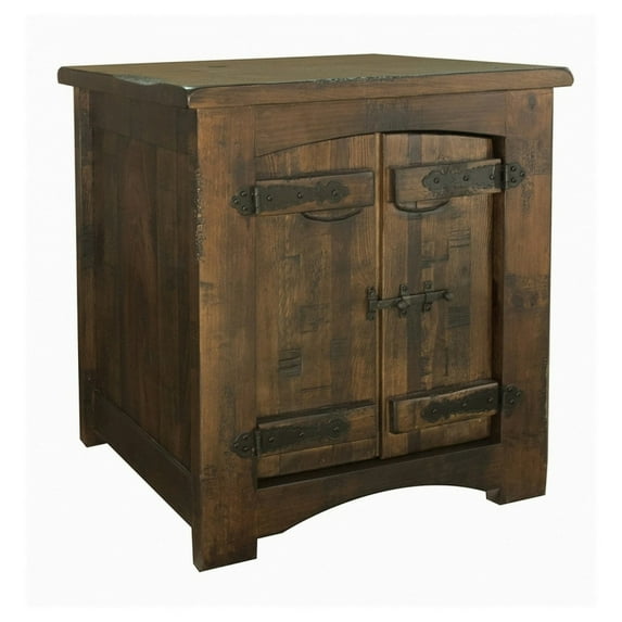 BenJara Exo 24 Inch Side End Table with Dual Doors, Solid Pine Wood, Rustic Brown