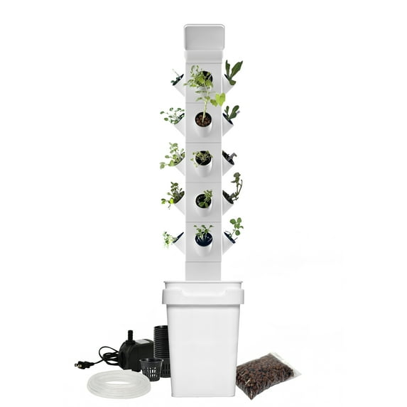Exo Hydroponics 5 Tier Vertical Garden Planter Tower, Vertical gardening Indoor/outdoor, 20 Stacking Garden Pots, Includes Irrigation Tubing & Water Pump, 100% Money Back Guarantee