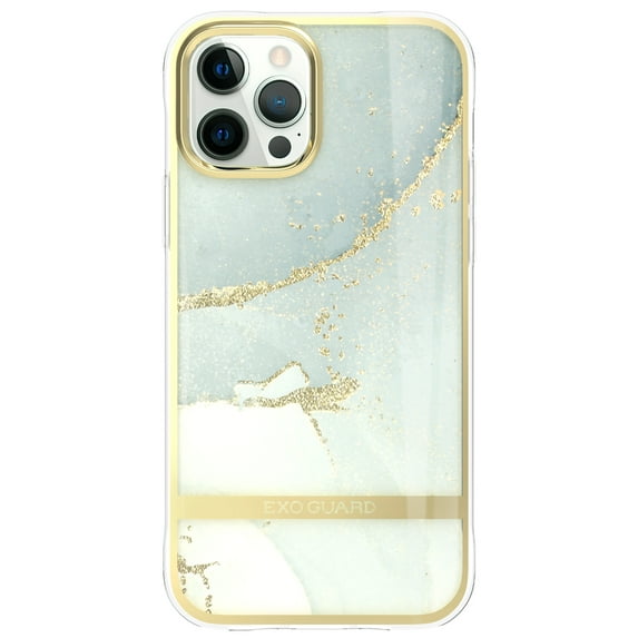 ExoGuard Case for iPhone 12, iPhone 12 Pro 6.1 inch Cover, Shockproof Scratch-Proof Full-Body Marble Protective Phone Case with Screen Protector Glass(White)