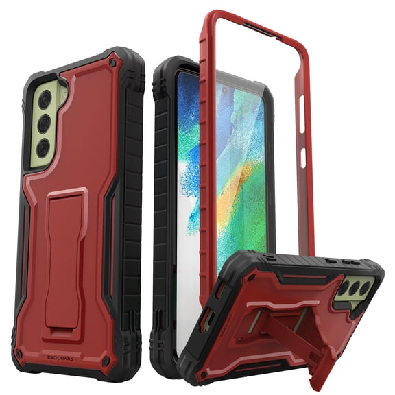 ExoGuard For Samsung Galaxy S21 FE Case, Phone Case with Screen Protector and Kickstand (Red)
