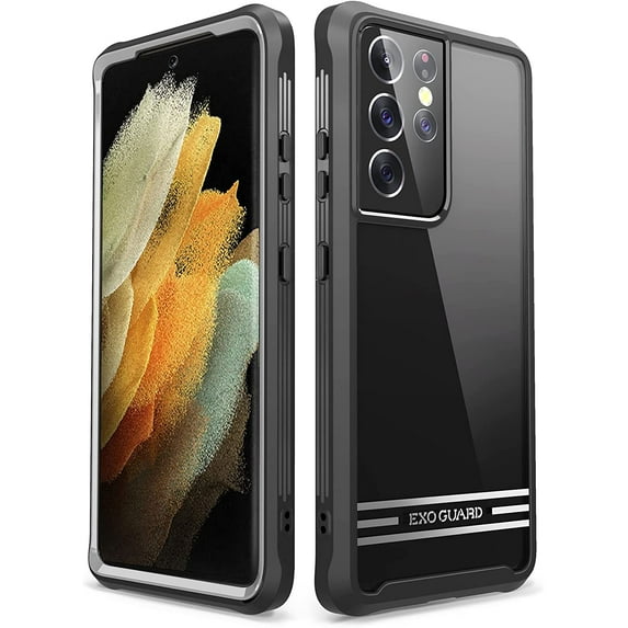 ExoGuard For Samsung Galaxy S21 Ultra Case,Clear Hard Back Shockproof Full Body Phone Case (Black)