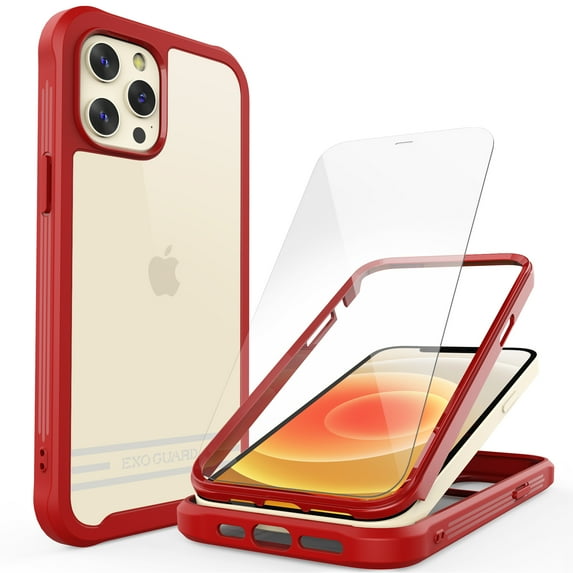 ExoGuard For iPhone 12 Pro Max Case,Clear Hard Back Full Body Case with Screen Protector (Red)