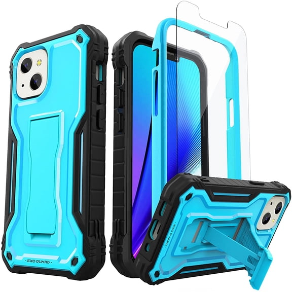 ExoGuard For iPhone 13 Mini Case, Phone Case with Screen Protector and Kickstand (Blue)
