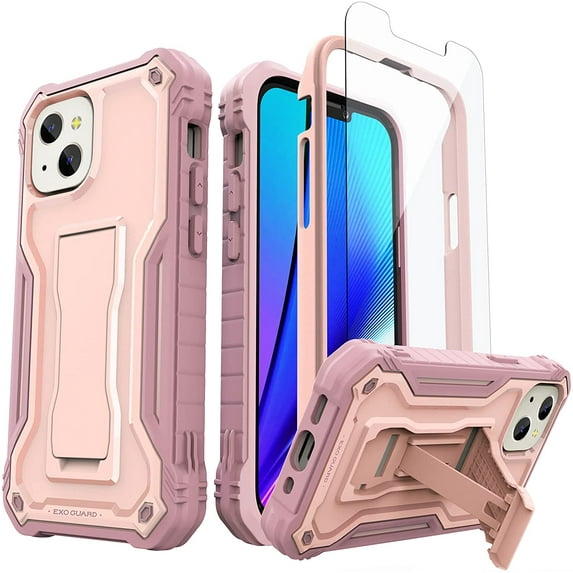 ExoGuard For iPhone 13 Mini Case, Phone Case with Screen Protector and Kickstand (Pink)