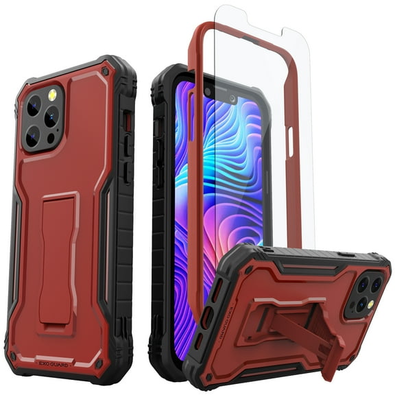 ExoGuard For iPhone 13 Pro Max Case, Phone Case with Screen Protector and Kickstand (Red)