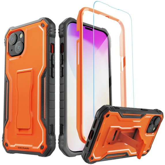 ExoGuard For iPhone 14 Case, Phone Case with Screen Protector and Kickstand (Orange)