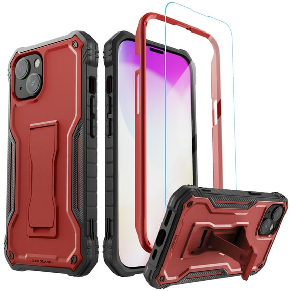 ExoGuard For iPhone 14 Case, Phone Case with Screen Protector and Kickstand (Red)