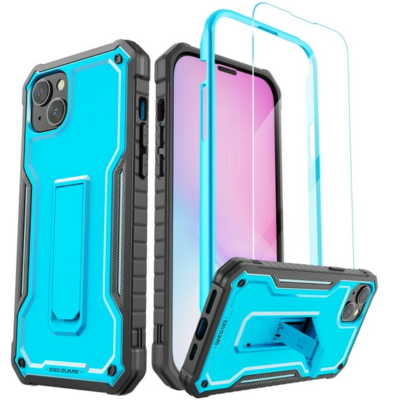 ExoGuard For iPhone 14 Plus Case, Phone Case with Screen Protector and Kickstand (Blue)