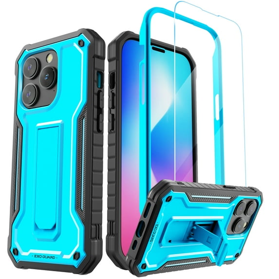 ExoGuard For iPhone 14 Pro Case, Phone Case with Screen Protector and Kickstand (Blue)