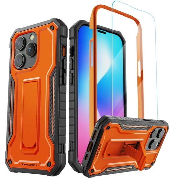 ExoGuard For iPhone 14 Pro Case, Phone Case with Screen Protector and Kickstand (Orange)