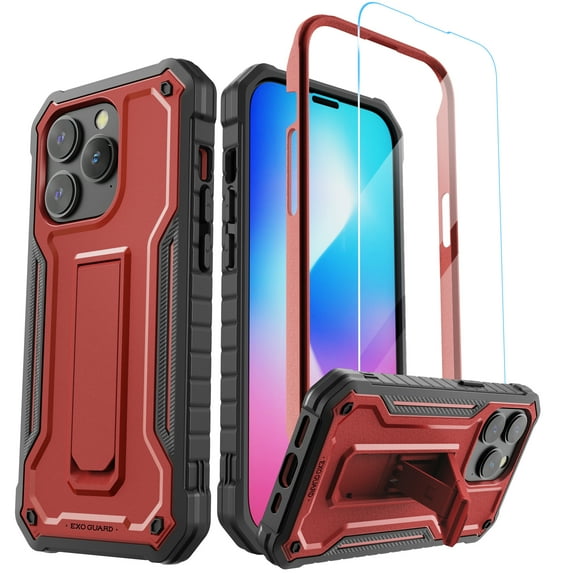 ExoGuard For iPhone 14 Pro Case, Phone Case with Screen Protector and Kickstand (Red)