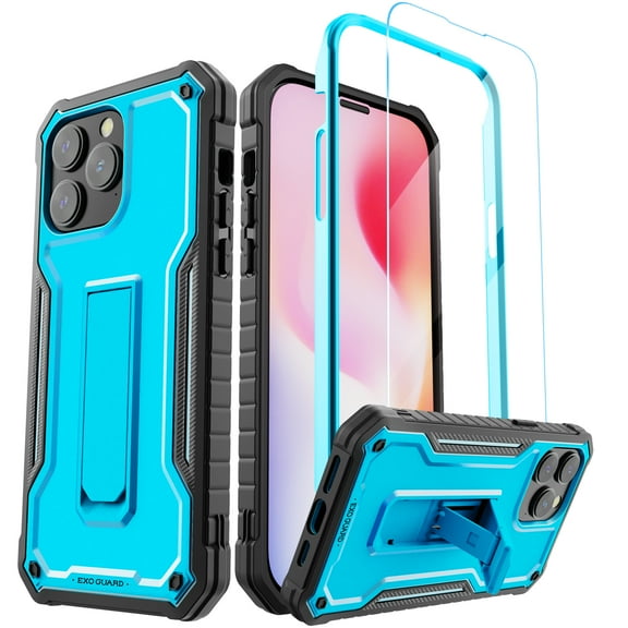 ExoGuard For iPhone 14 Pro Max Case, Phone Case with Screen Protector and Kickstand (Blue)
