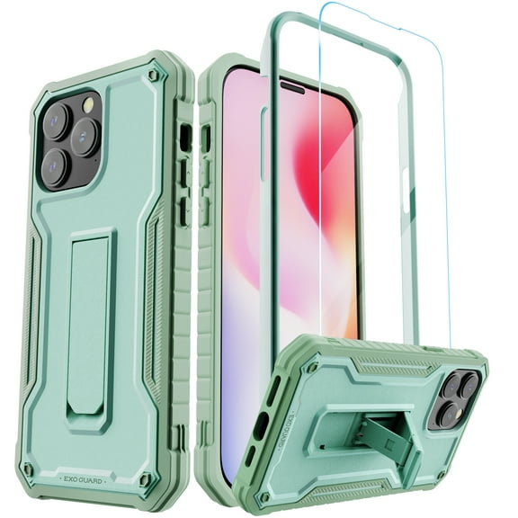 ExoGuard For iPhone 14 Pro Max Case, Phone Case with Screen Protector and Kickstand (Green)