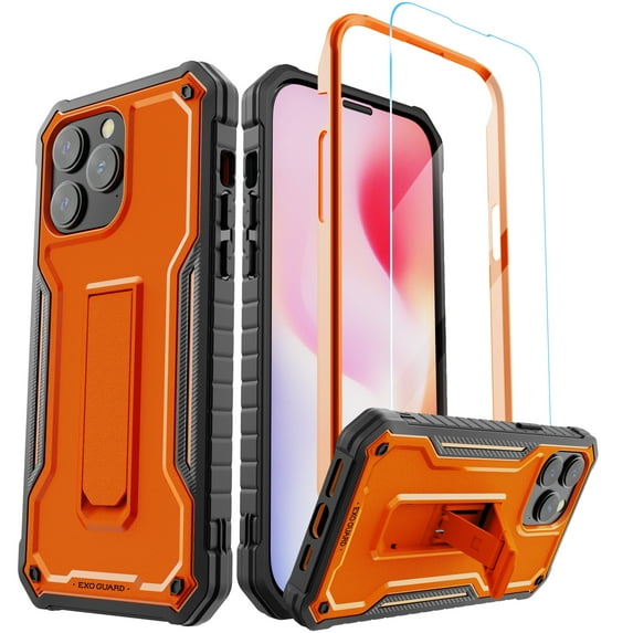 ExoGuard For iPhone 14 Pro Max Case, Phone Case with Screen Protector and Kickstand (Orange)