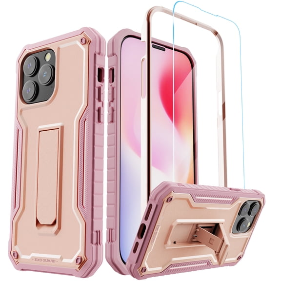 ExoGuard For iPhone 14 Pro Max Case, Phone Case with Screen Protector and Kickstand (Pink)