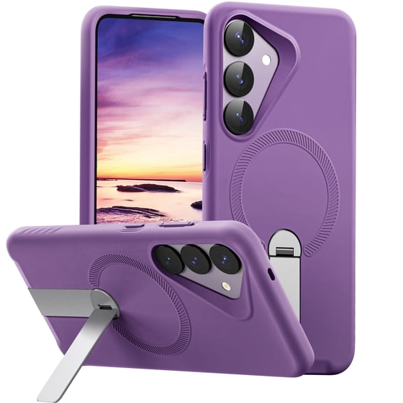 ExoGuard for Samsung Galaxy S25 Case, Adjustable Metal Kickstand, Soft Skin-Friendly Silicone Cover, Anti-Scratch Microfiber Lining - Purple