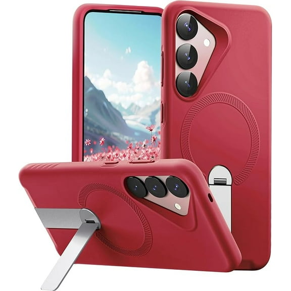 ExoGuard for Samsung Galaxy S25 Case, Adjustable Metal Kickstand, Soft Skin-Friendly Silicone Cover, Anti-Scratch Microfiber Lining - Red