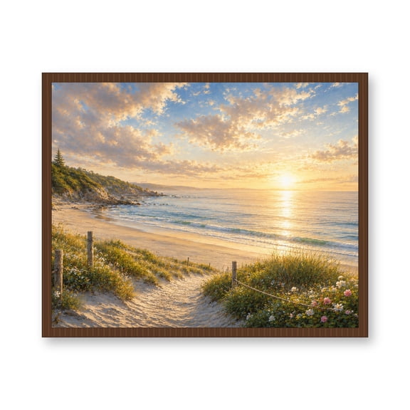 Bedroom Wall Art, Golden Beach Path Canvas, Solid Wood Floating Frame in Walnut, 16 x 12, Exodus Art Boutique