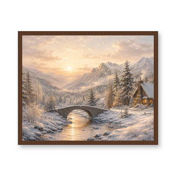 Hallway Wall Art, Snowy Bridge to the Cottage Canvas, Solid Wood Floating Frame in Walnut, 16 x 12, Exodus Art Boutique