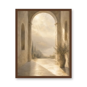Hallway Wall Art, Sunlit Tuscan Archway Canvas, Solid Wood Floating Frame in Walnut, 11 x 14, Exodus Art Boutique