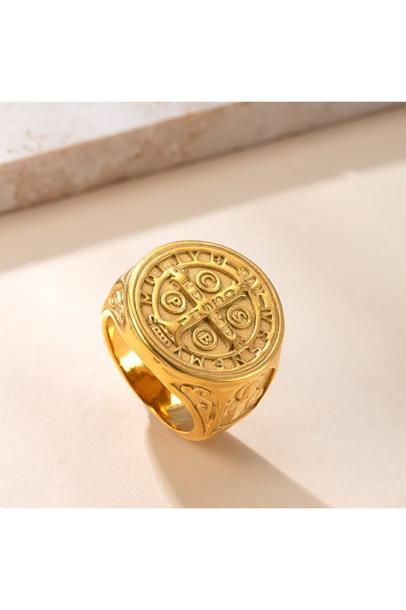 Exorcism Saint Benedict Cspb Cross Men Rings Punk Hip Hop for Boyfriend Male 14K Yellow Gold Jewelry Creativity Gift