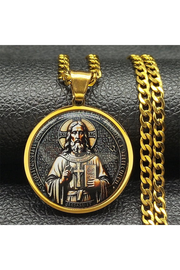 Exorcist Saint Benedict Holy medal 14K Yellow Gold Glass Necklace Seal of Solomon Talisman Necklace Protection Jewelry