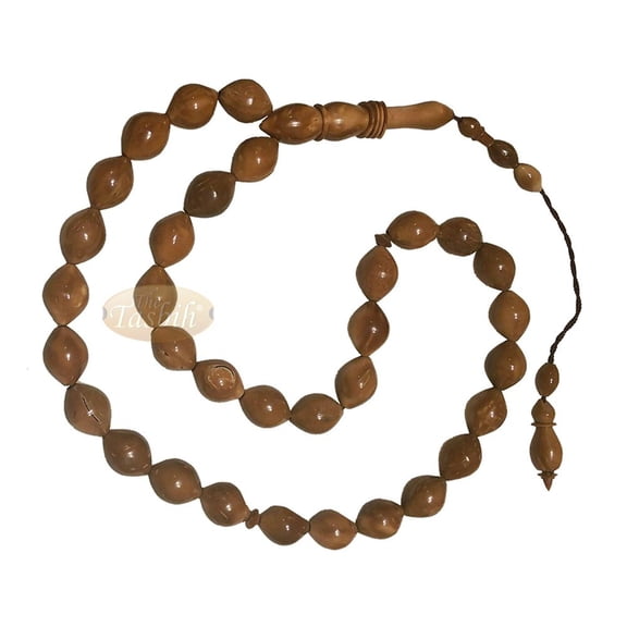 Exotic 33-Ct Date-Shaped 9x12mm Natural Color Kuka Prayer Beads with Rings on Alif