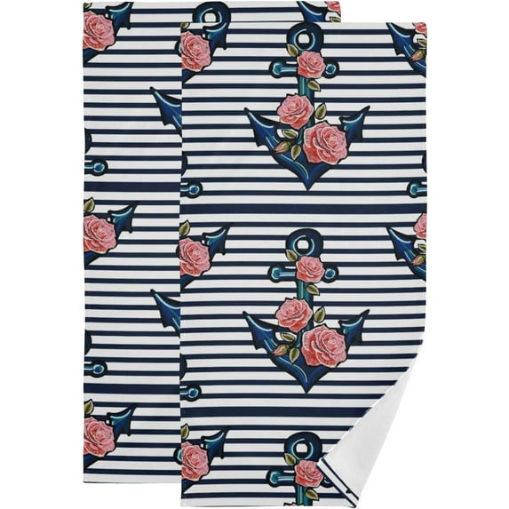 Exotic Anchor Pink Roses Hand Towels, Summer Embroidery Kitchen Towel Ultra Soft and Absorbent,Decorative Fingertip Face Towel for Bathroom Hotel, 2 PCS, 28.3"x 14.4"