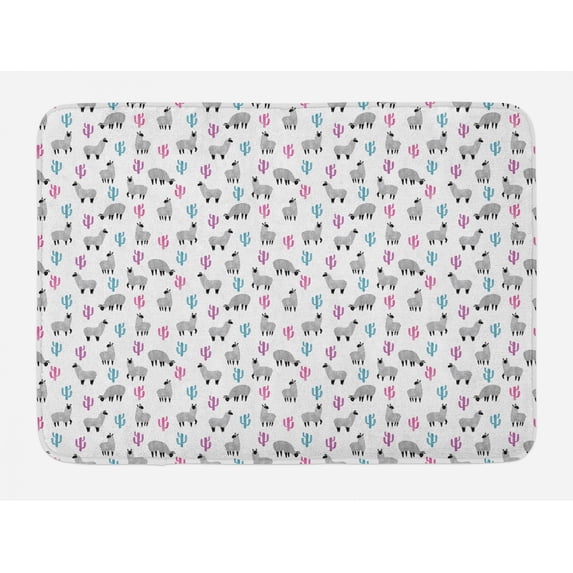 Exotic Bath Mat, Pattern with Llama Animal and Colorful Cactus Wild Abstract Illustration, Plush Bathroom Decor Mat with Non Slip Backing, 29.5" X 17.5", Multicolor, by Ambesonne