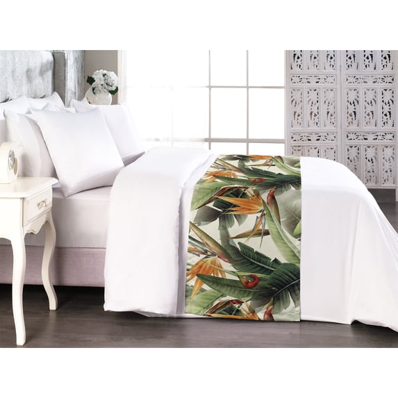 Exotic Bed Runner, Bird of Paradise Flowers Tropical Design Pattern Vintage Hawaiian Style, Decorative Accent Bedding Scarf for Hotels Homes & Guest Rooms, Queen, Marigold Green Eggshell, by Ambesonne