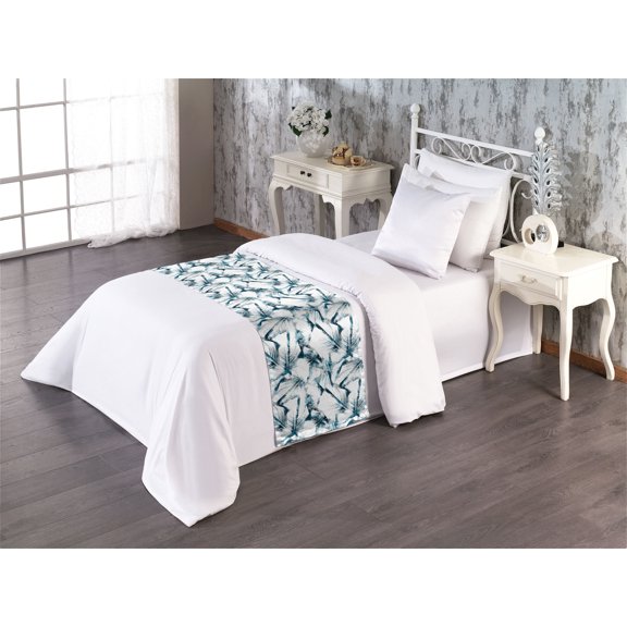 Exotic Bed Runner, Grunge Style Digital Drawn Tropical Leaf Pattern on Plain Backdrop Print, Decorative Accent Bedding Scarf for Hotels Homes & Guest Rooms, Twin, Ivory and Slate Blue, by Ambesonne