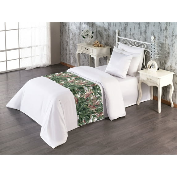 Exotic Bed Runner, Pattern of Watercolor Style Bird of Paradise Strelitzia Flowers Leaves, Decorative Accent Bedding Scarf for Hotels Homes & Guest Rooms, Twin, Olive Green Pale Rust, by Ambesonne